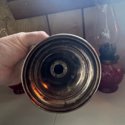 Sale Photo Thumbnail #314: Vintage Emerald Green Glass Oil Lamp, Made in Hong Kong