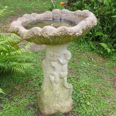 Sale Photo Thumbnail #43: Vintage Cast Concrete Birdbath with Squirrel Motif
