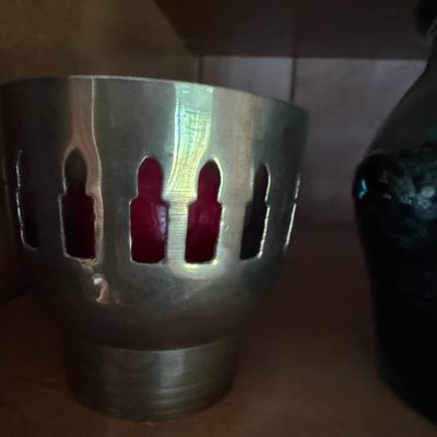 Sale Photo Thumbnail #415: Vintage Brass Votive Holder with Red Glass Insert and Arched Cutouts