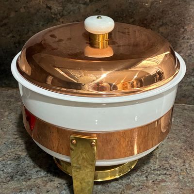 Sale Photo Thumbnail #155: Vintage Copper and White Enamel Chafing Dish with Brass Stand