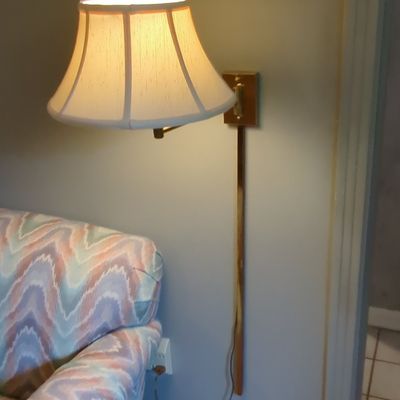 Sale Photo Thumbnail #102: Vintage Brass Swing-Arm Wall Lamp with Fabric Shade