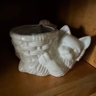 Sale Photo Thumbnail #900: Vintage White Ceramic Cat Holding Kitten Planter