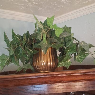 Sale Photo Thumbnail #522: Vintage Fluted Brass Planter with Artificial Ivy