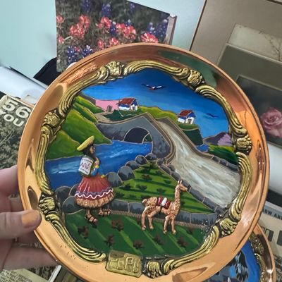Sale Photo Thumbnail #613: Vintage Peruvian Hand-Painted Copper Wall Plate with Andean Scene