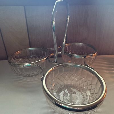 Sale Photo Thumbnail #294: Vintage Pressed Glass Three-Bowl Condiment Server with Silver-Plated Handle