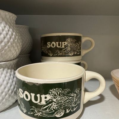 Sale Photo Thumbnail #748: Vintage USA Pottery "Soup" Vegetable Basket Soup Mug