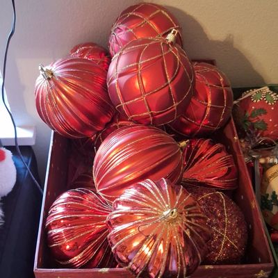 Sale Photo Thumbnail #689: Collection of Assorted Red Decorative Christmas Ornaments with Gold Accents