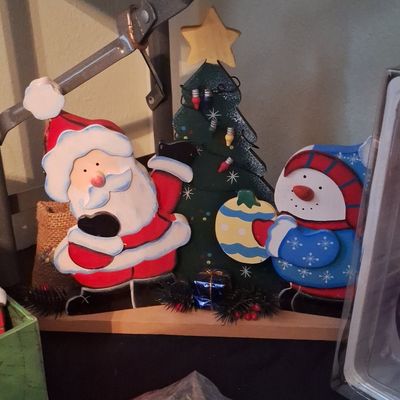 Sale Photo Thumbnail #943: Vintage Kmart Santa, Snowman, and Christmas Tree Wooden Cutout Decor