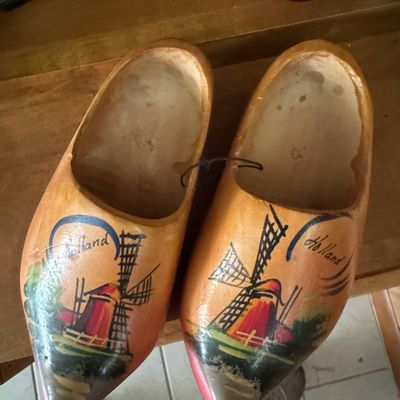 Sale Photo Thumbnail #583: Vintage Hand-Painted Wooden Dutch Clogs (Klompen) with Windmill Motif