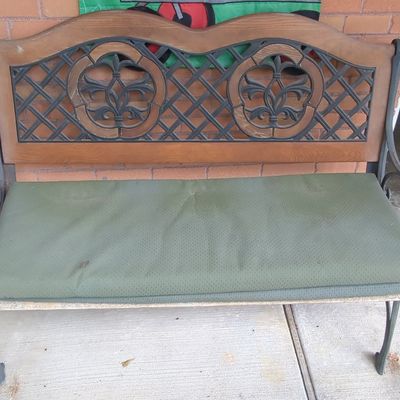 Sale Photo Thumbnail #109: Cast Iron and Wood Garden Bench with Fleur-de-Lis and Lattice Motifs