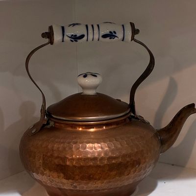 Sale Photo Thumbnail #313: Hammered Copper Tea Kettle with Blue and White Porcelain Handle