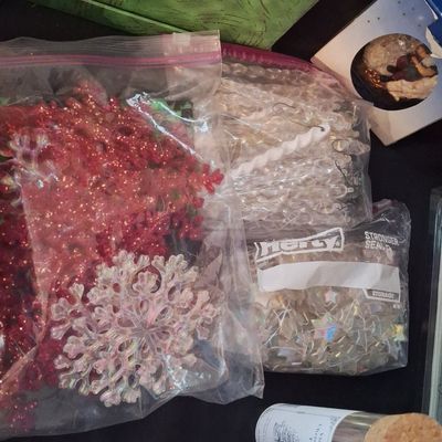 Sale Photo Thumbnail #905: Assorted Vintage Christmas Ornament Lot: Glitter Snowflakes, Iridescent Stars, and Icicles