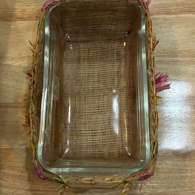 Sale Photo Thumbnail #462: Vintage Hand-Woven Raffia Casserole Holder with Glass Insert - Hand Made Philippines