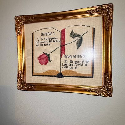 Sale Photo Thumbnail #515: Religious Cross-Stitch Sampler: Genesis 1:1 & Revelation 22:21 with Rose