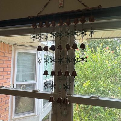 Sale Photo Thumbnail #404: Vintage Metal Snowflake and Bell Holiday Wall Hanging with Cross