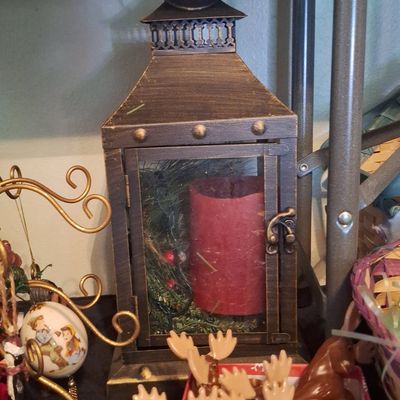 Sale Photo Thumbnail #417: Decorative Metal Christmas Lantern with Faux Greenery and LED Candle