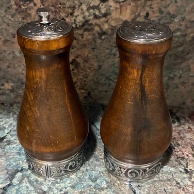 Sale Photo Thumbnail #71: Vintage Wood and Sterling Silver Salt and Pepper Mill Set