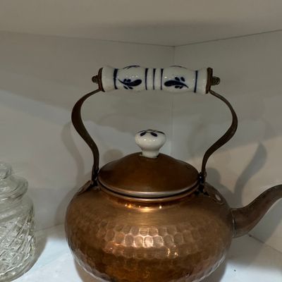 Sale Photo Thumbnail #324: Hammered Copper Tea Kettle with Blue and White Porcelain Handle