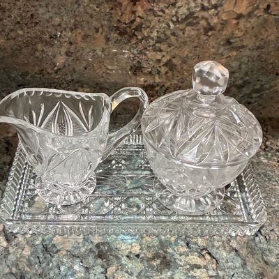Sale Photo Thumbnail #241: Vintage American Brilliant Cut Glass Creamer, Sugar Bowl with Lid, and Tray Set