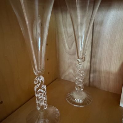 Sale Photo Thumbnail #774: Vintage Indiana Glass Diamond Point Crystal Serving Bowl and Twisted Stem Champagne Flutes
