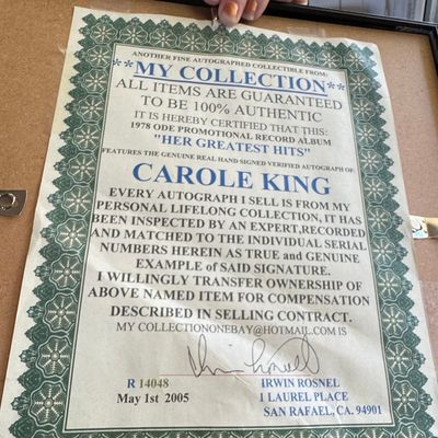 Sale Photo Thumbnail #78: Carole King 'Her Greatest Hits' Autographed Promotional Record Album