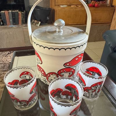 Sale Photo Thumbnail #168: Vintage Merry Mushroom Ware Ice Bucket and Glasses Set