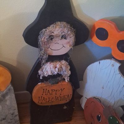 Sale Photo Thumbnail #666: Hand-Painted Wooden Halloween Witch Decoration with Pumpkin Sign