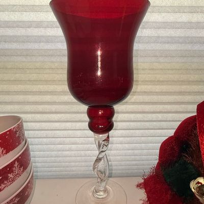 Sale Photo Thumbnail #494: Ruby Red Glass Hurricane Candlestick with Twisted Clear Stem