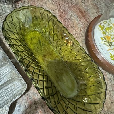 Sale Photo Thumbnail #853: Indiana Glass Avocado Green Basket Weave Relish Dish
