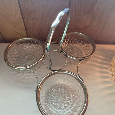 Sale Photo Thumbnail #295: Vintage Pressed Glass Three-Bowl Condiment Server with Silver-Plated Handle