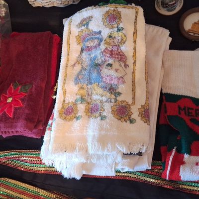 Sale Photo Thumbnail #665: Vintage Christmas Holiday Linens Set - Cross-Stitch Towel, Poinsettia Towel, and Knit Stocking