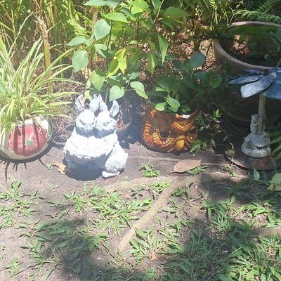 Sale Photo Thumbnail #207: Cast Stone Pair of Rabbits Holding a Basket Garden Statue