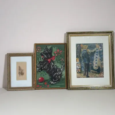(3pc) TRIO OF ASSORTED ARTWORKS INCLUDING REPRODUCTION PIERRE-AUGUSTE RENOIR PRINT
Assorted Trio of Artworks
Print, needlepoint, and ink...