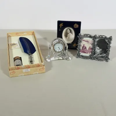 (4pc) WATERFORD CRYSTAL CLOCK, BORTOLETTI PEN SET, AND LIMOGES FRAME
Group of desk accessories including a Waterford crystal clock with a...