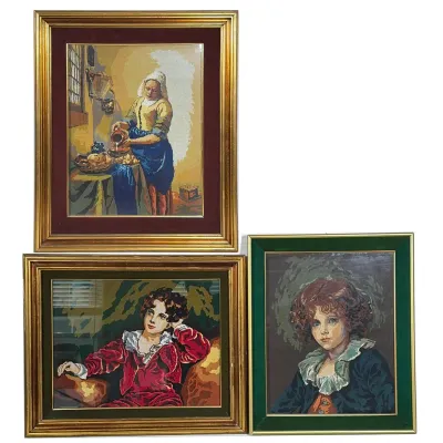 (3pc) GROUP OF THREE FRAMED NEEDLEPOINT REPRODUCTIONS AFTER VERMEER AND LAWRENCE
This lot features three hand-stitched needlepoint works...