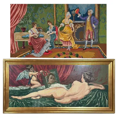 PAIR OF MID-CENTURY NEEDLEPOINTS AFTER VELÁZQUEZ AND ROCOCO SCENE
One needlepoint depicts Diego Velázquez's The Rokeby Venus, while...