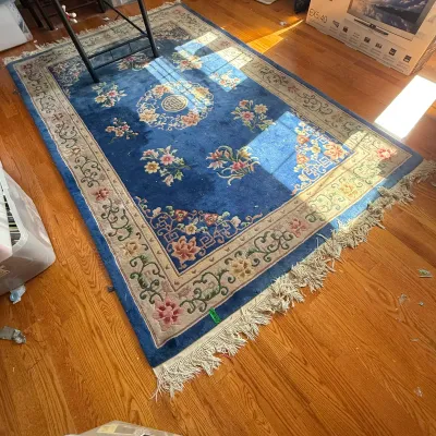 CHINESE ART DECO STYLE WOOL PILE RUG
This rug features a cobalt blue field centered by a floral medallion containing a Shou longevity...