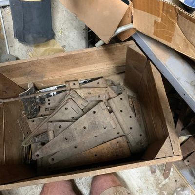 Sale Photo Thumbnail #102: Several boxes of strap hinges in old, rusty patina