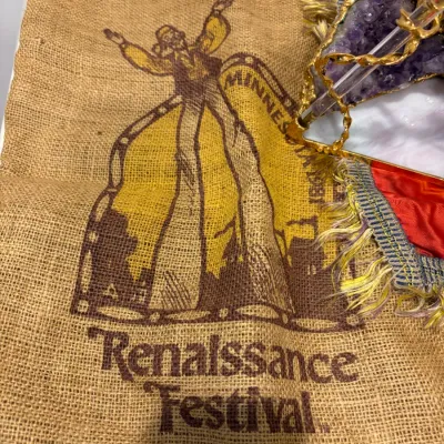 Sale Photo Thumbnail #283: 3 Incense holders, WWII pillow case, Halloween candle holder, Raggedy Andy pot, crystal dragon display, burlap sack tote