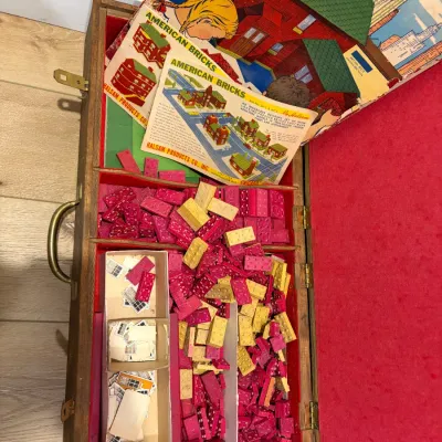 Sale Photo Thumbnail #10: Vintage wood pre-lego building blocks with paper roofs and advertising, storage box is older than bricks