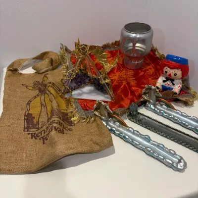 Sale Photo Thumbnail #281: 3 Incense holders, WWII pillow case, Halloween candle holder, Raggedy Andy pot, crystal dragon display, burlap sack tote