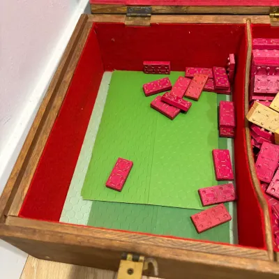 Sale Photo Thumbnail #11: Vintage wood pre-lego building blocks with paper roofs and advertising, storage box is older than bricks