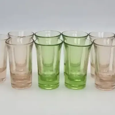 Art Deco Shot Glasses: Green Uranium & Pink Depression Glass - 10Pc