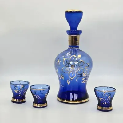 MCM Cobalt Blue Glass Decanter Set Hand Painted Gold Floral & Matching Cordials