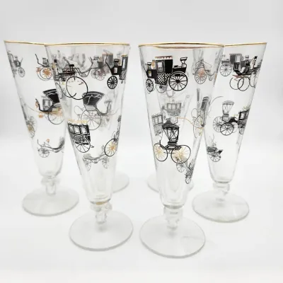 Libbey Pilsner Glasses 6 Pc Gold Rim Carriage Pattern Vintage 60s MCM