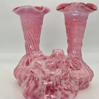 Vintage Fenton Cranberry Opalescent Glass Swirl Vases & Bowl Set (3pc)