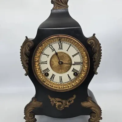 Ansonia Clock Company Cast Iron Mantel Clock W/ Ornate Gilt Brass Trim