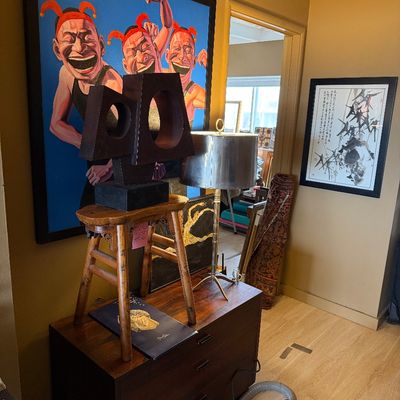 Antique Chinese Stool, American Sculpture by Julie Spiedel, pair of designer metal lamps