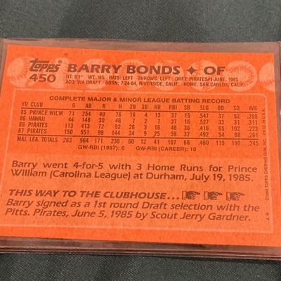 Barry Bonds 1988 Vintage Baseball Card