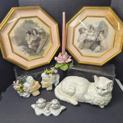 Vintage Cat Figurine, Capodimonte Floral Candleholder, Midcentury Wall Pockets, Hand Colored Prints